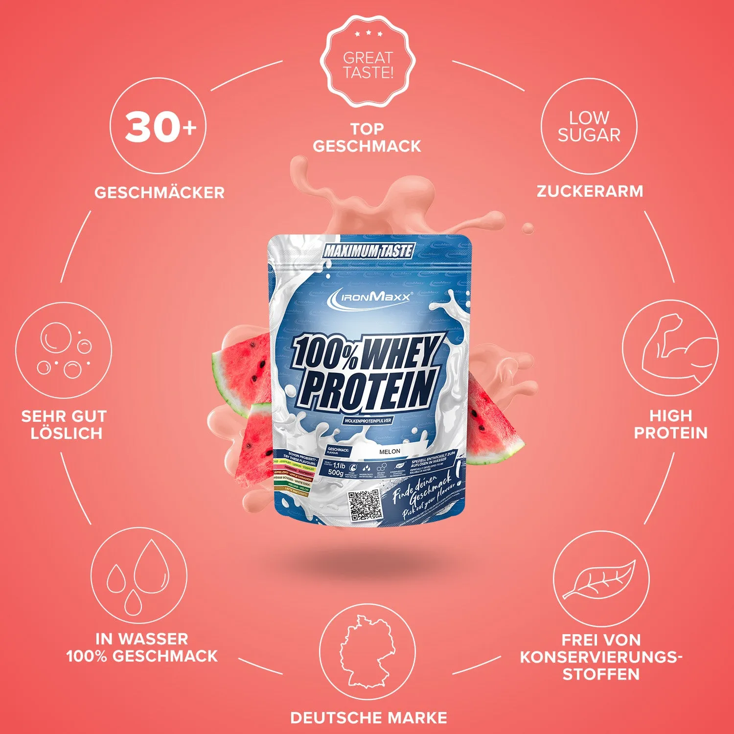 IronMaxx 100% Whey Protein Pulver 500g Melone zuckerfrei