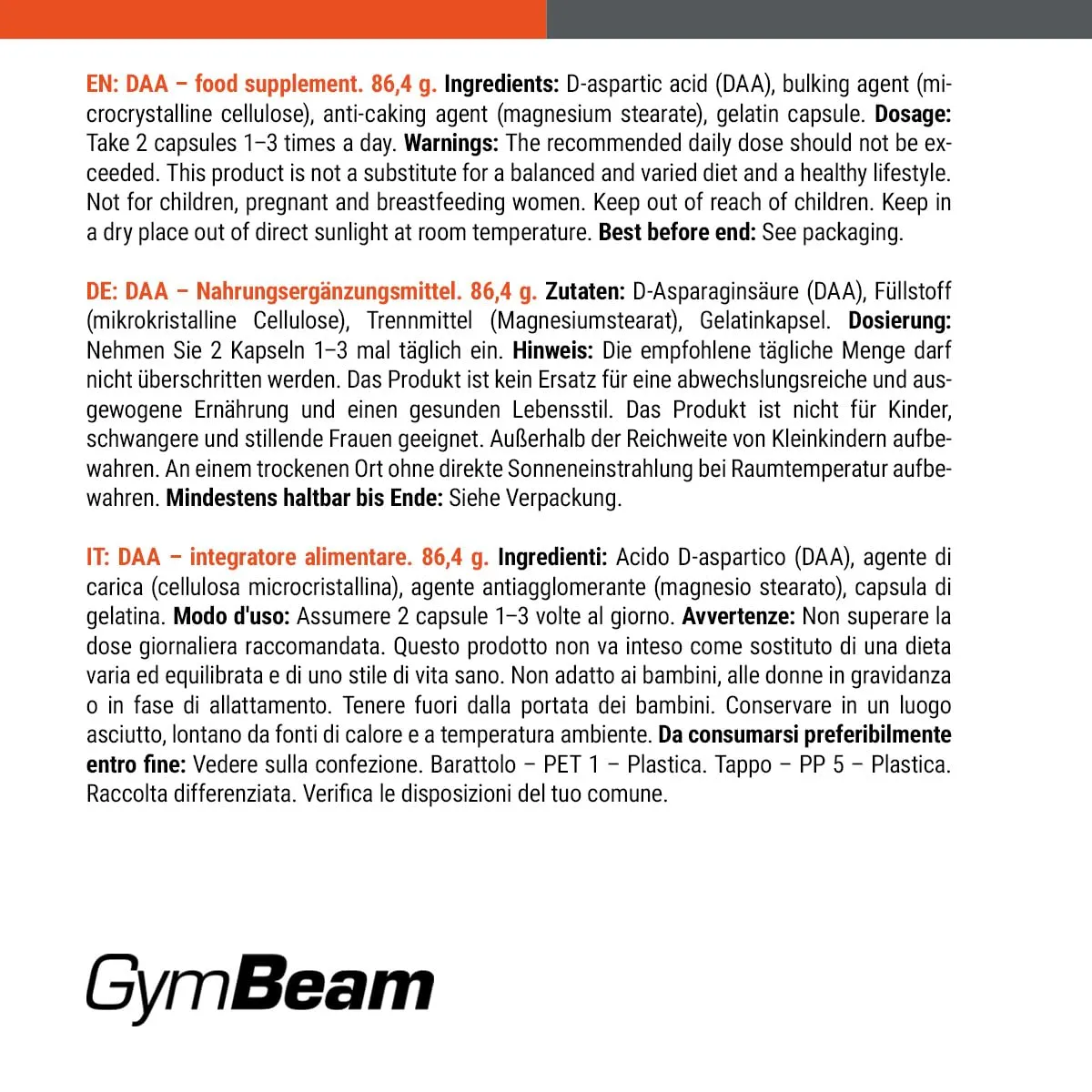 GymBeam D-Asparaginsäure Kapseln 120 Kapseln Testosteron-Booster