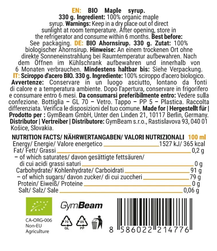 GymBeam Bio Ahornsirup Grad A 250 ml