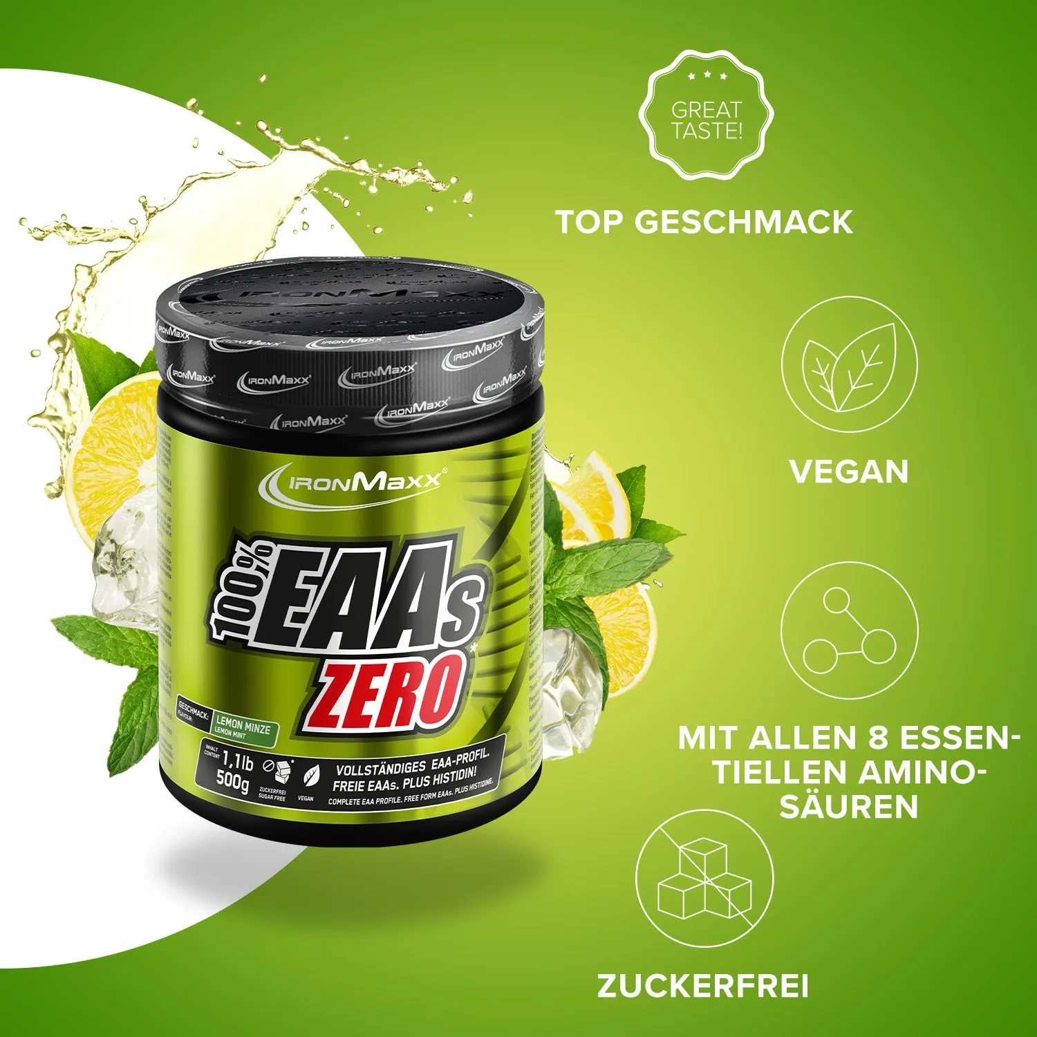 IronMaxx 100% EAAs Zero Pulver 500g Lemon-Minze