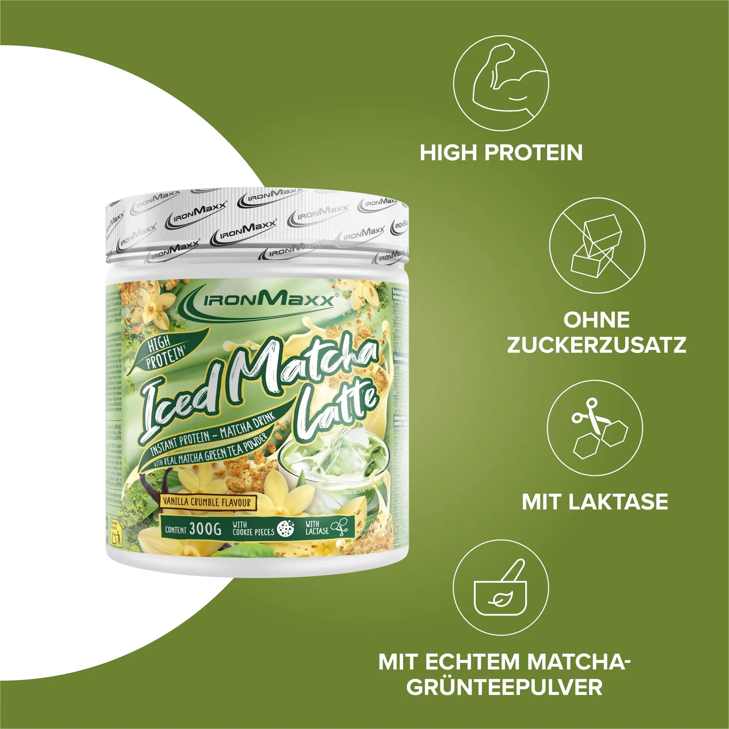 IronMaxx Iced Matcha Latte Proteinpulver Vanille 300g zuckerarm