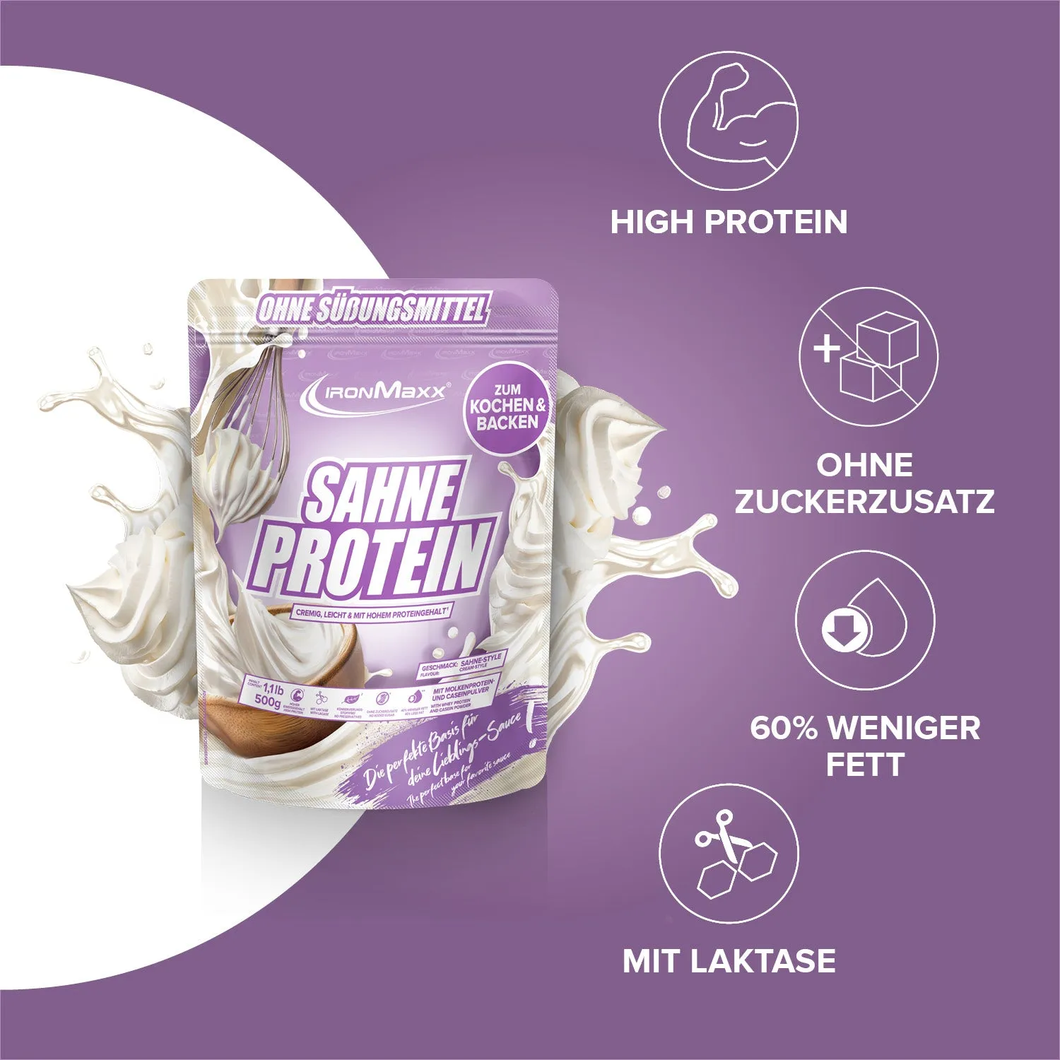 IronMaxx Sahne Protein Pulver 500g Sahne 76% Protein