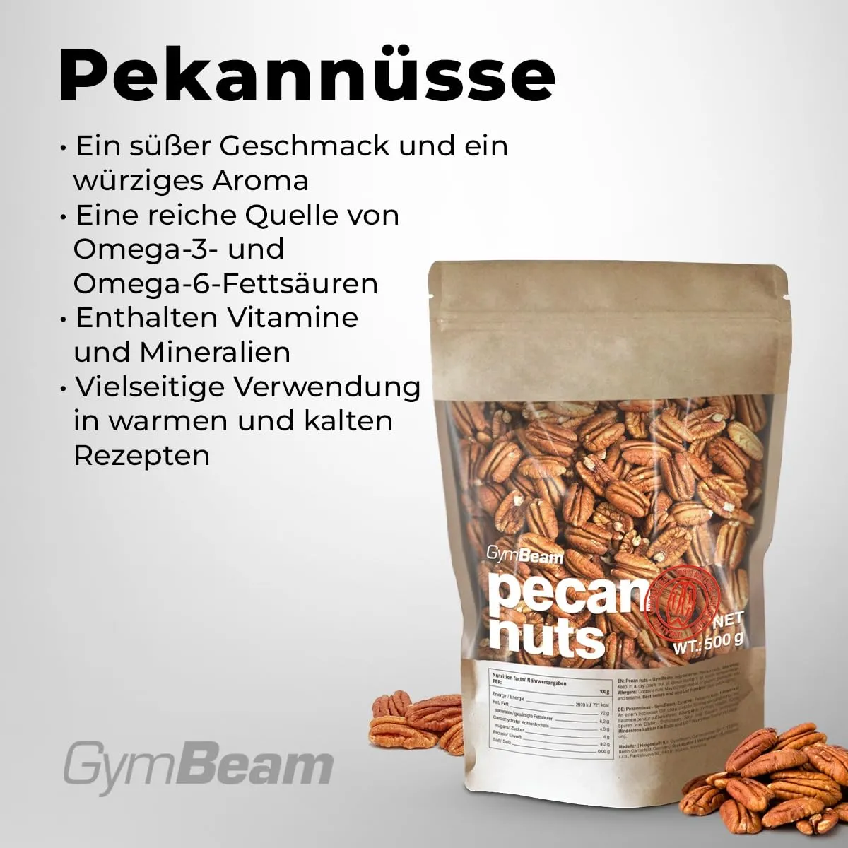 GymBeam Pekannusskerne 500g süß ungesalzen