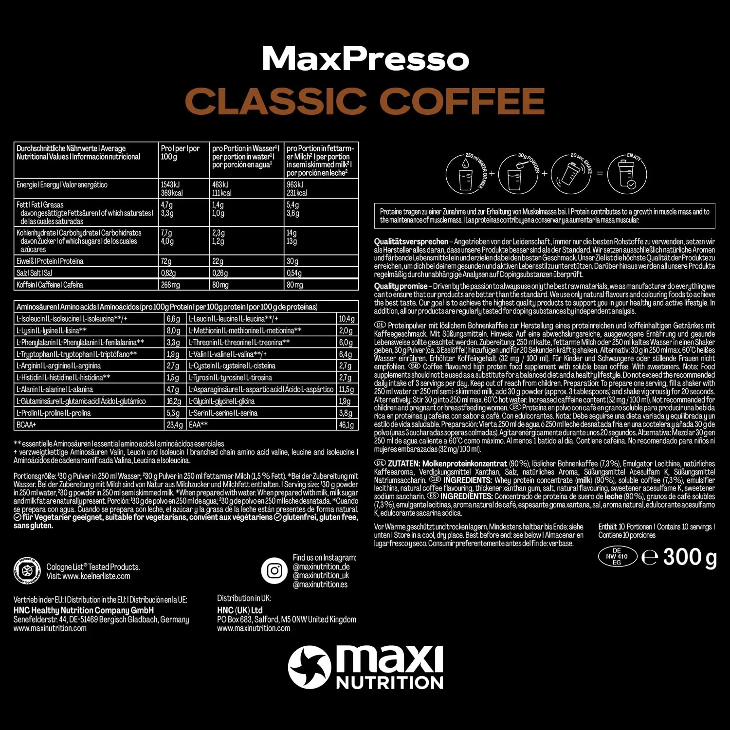 MaxiNutrition MaxPresso Coffee Classic 300g zuckerfrei