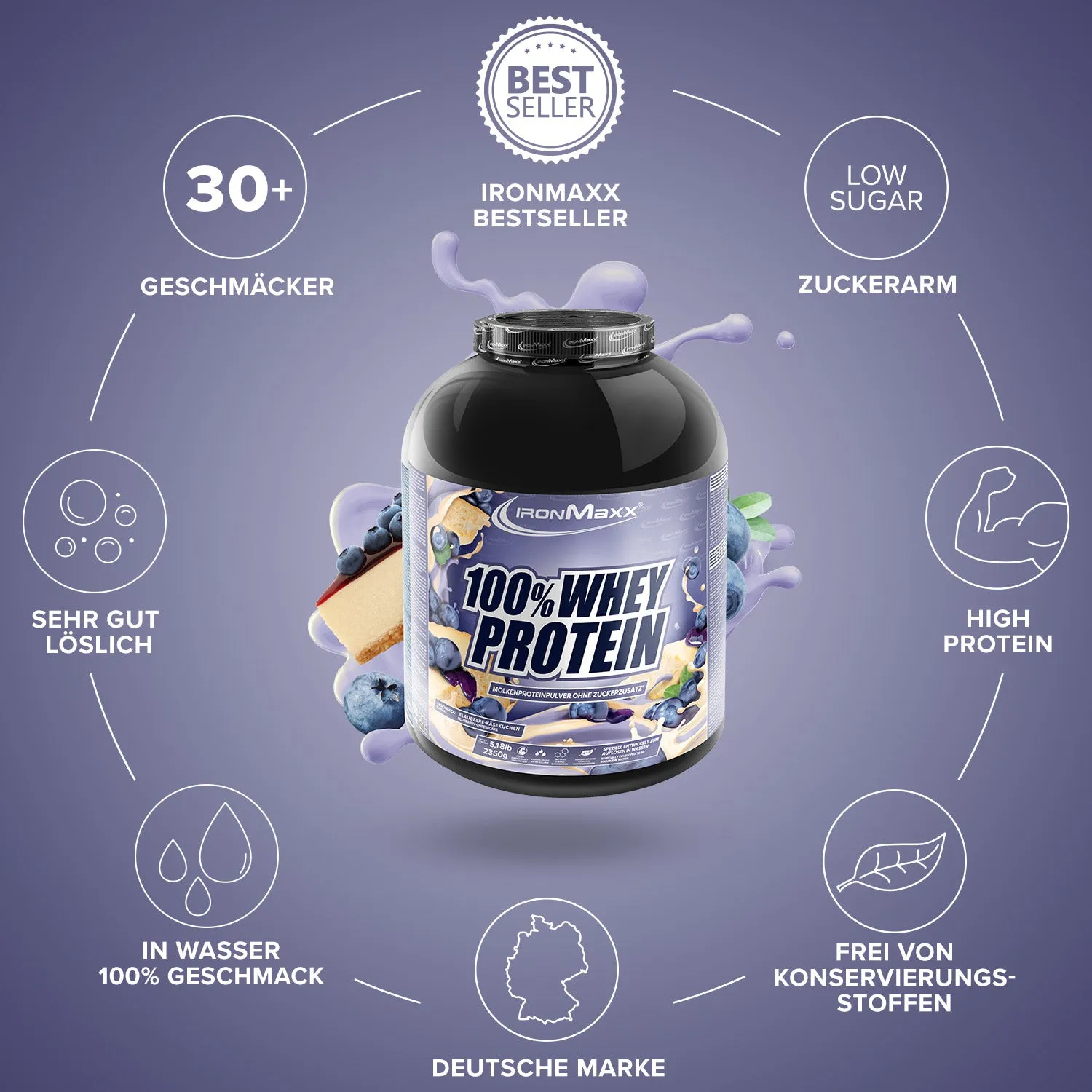 IronMaxx 100% Whey Protein Pulver 2350g Blueberry Cheesecake zuckerfrei