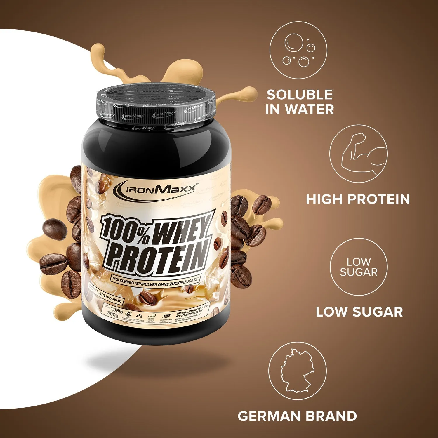 IronMaxx 100% Whey Protein Pulver Latte Macchiato 900g zuckerfrei