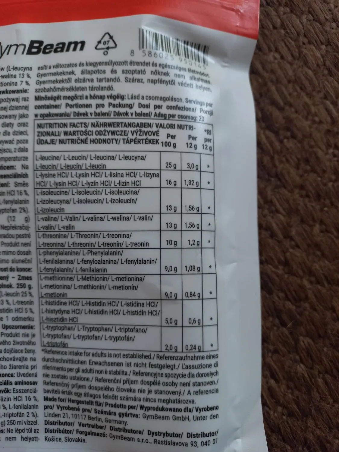GymBeam EAA Pulver Aminosäuren 250 g neutral ohne Geschmack