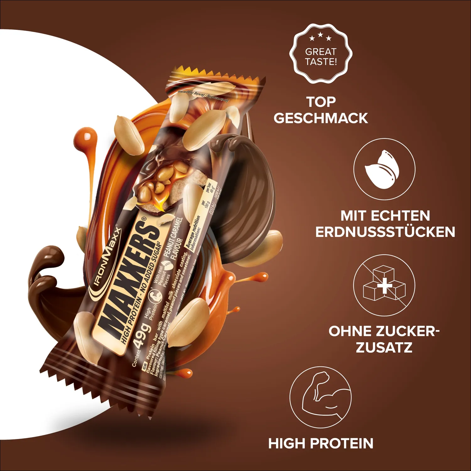 IronMaxx Maxxers Proteinriegel Peanut Caramel 24x49g o. Zuckerzusatz