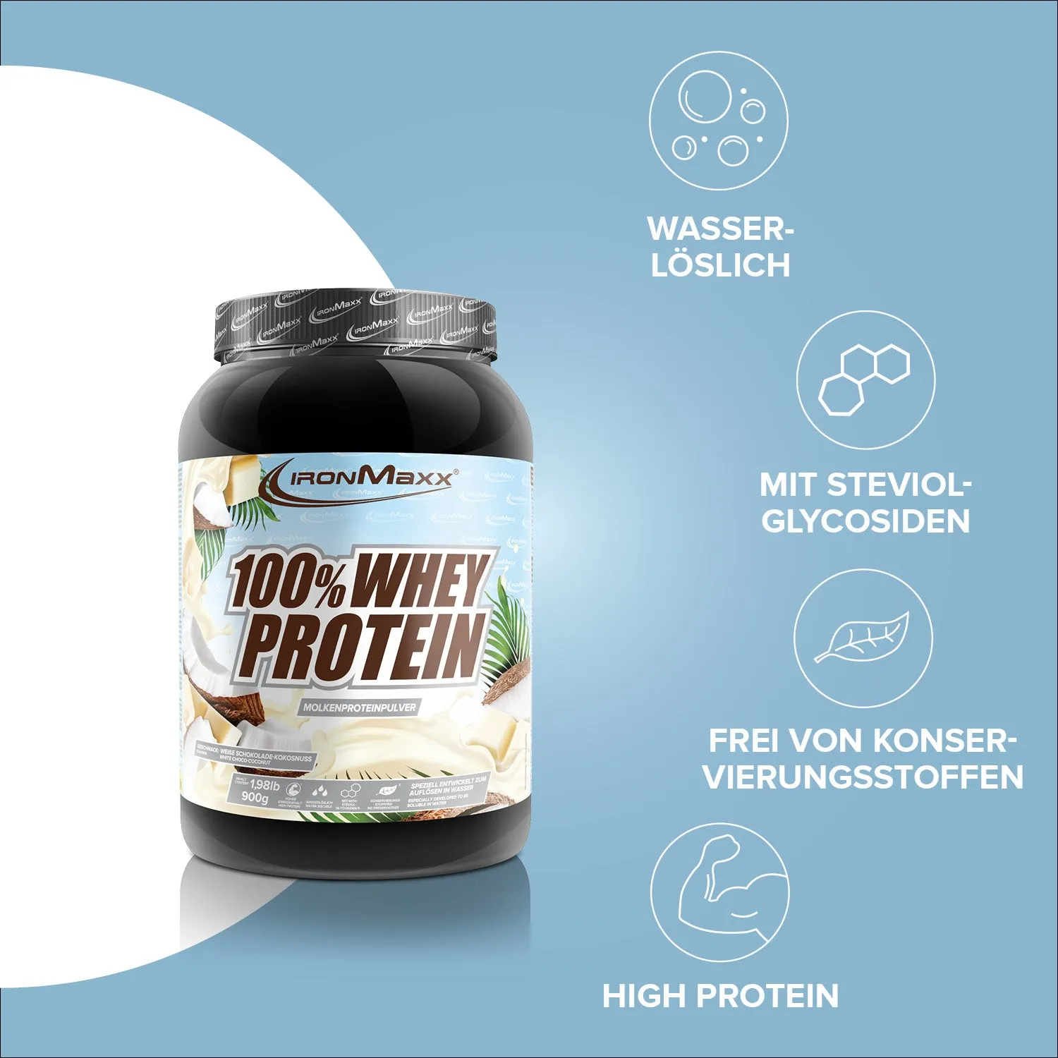 IronMaxx 100% Whey Protein White Choc Coconut Pulver 900g