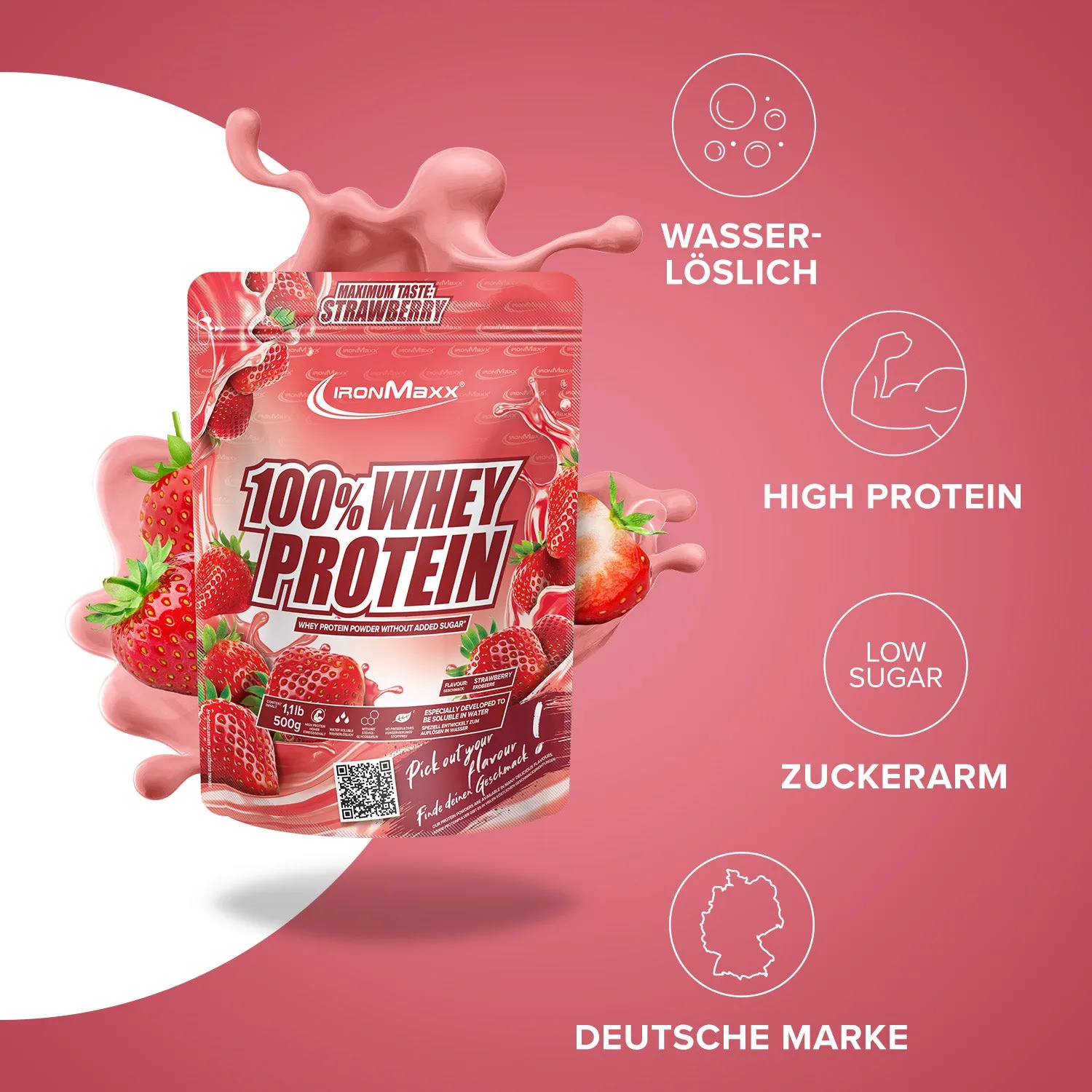 IronMaxx 100% Whey Erdbeere 500 g zuckerfrei