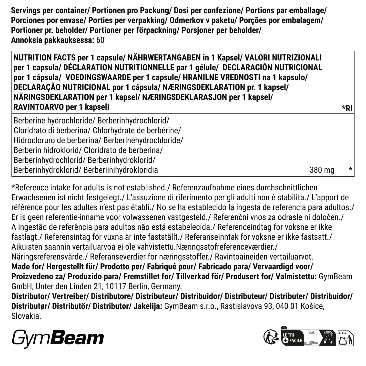 GymBeam Berberin Kapseln 380mg 60 Stk vegan hochdosiert