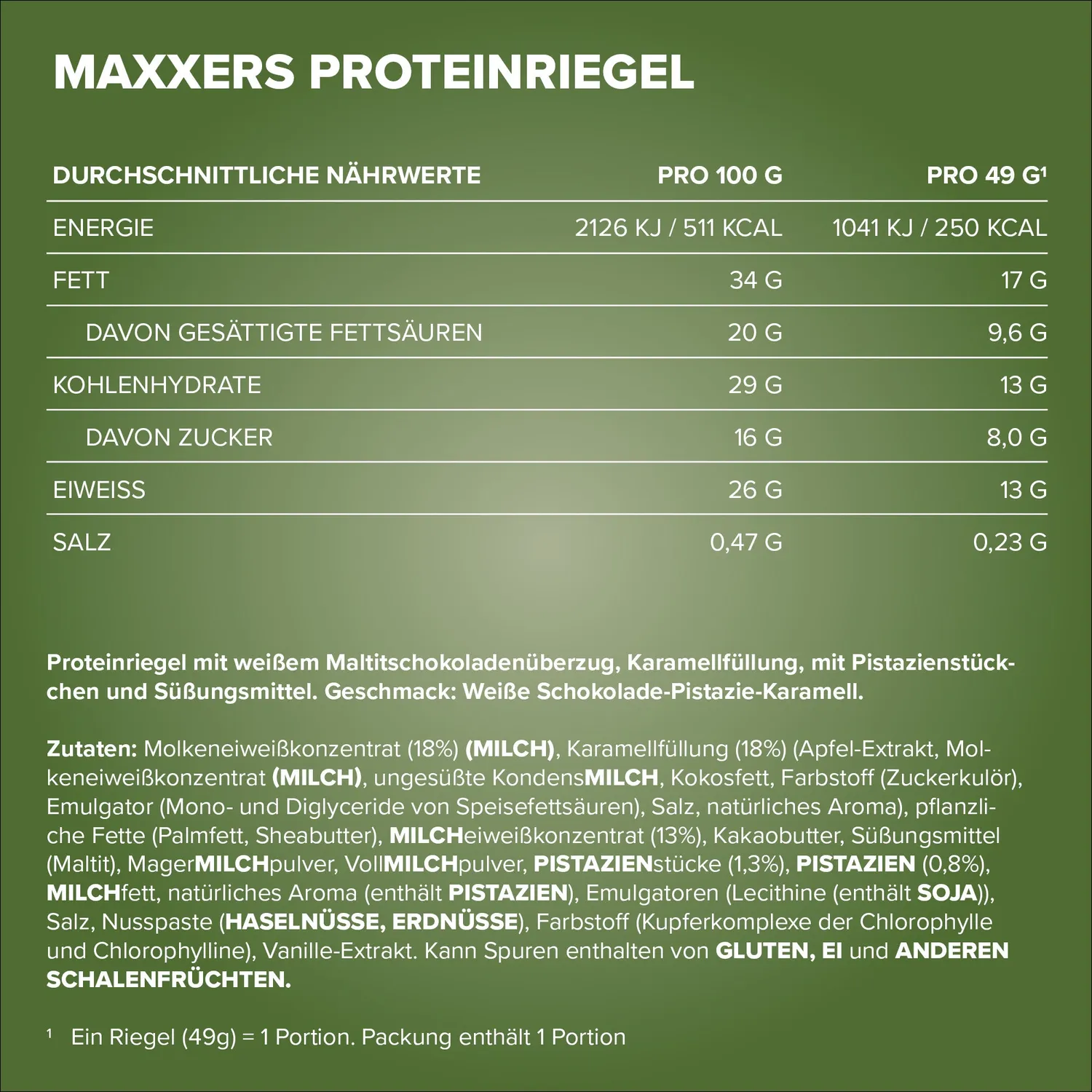 IronMaxx Maxxers Proteinriegel White Choc Pistachio Caramel 24x49g