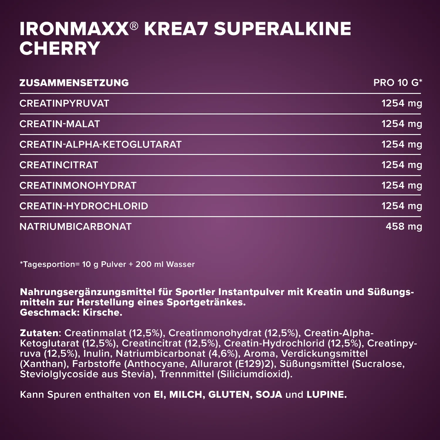 IronMaxx Krea7 Superalkaline Kreatin Kirsche 500g vegan