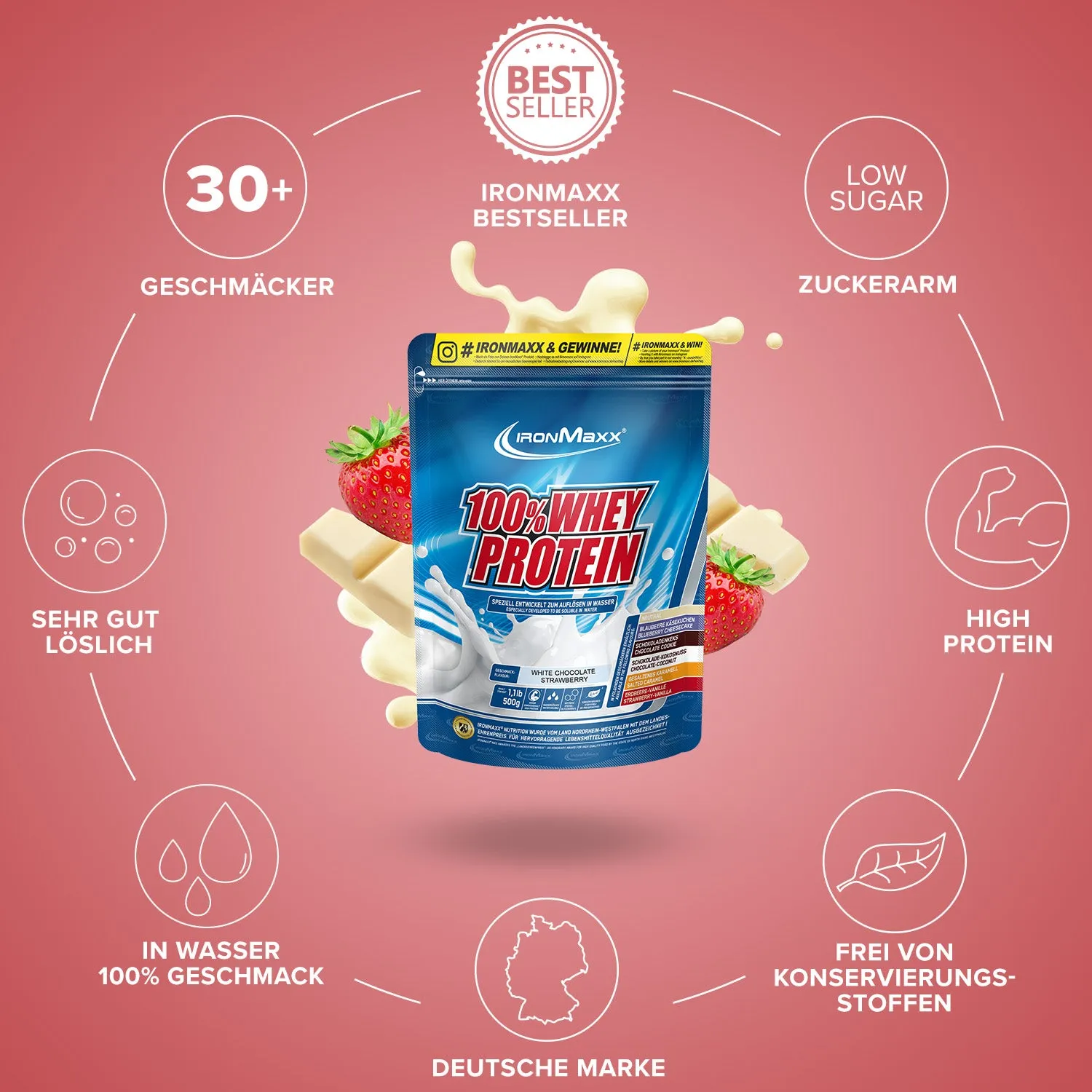IronMaxx 100% Whey Protein 500g Weiße Schoko-Erdbeere