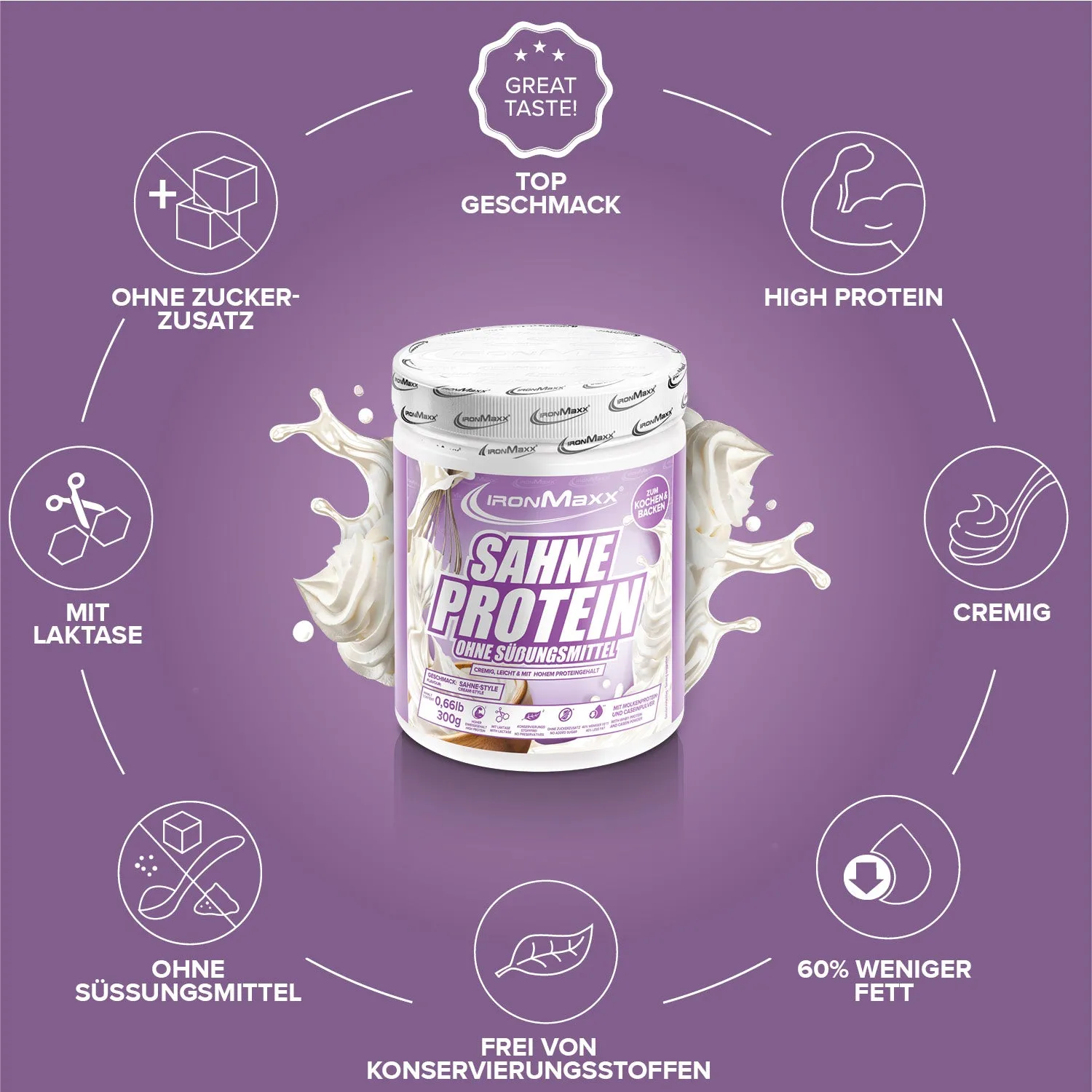 IronMaxx Sahne Protein Pulver Sahne 300g 76% Protein