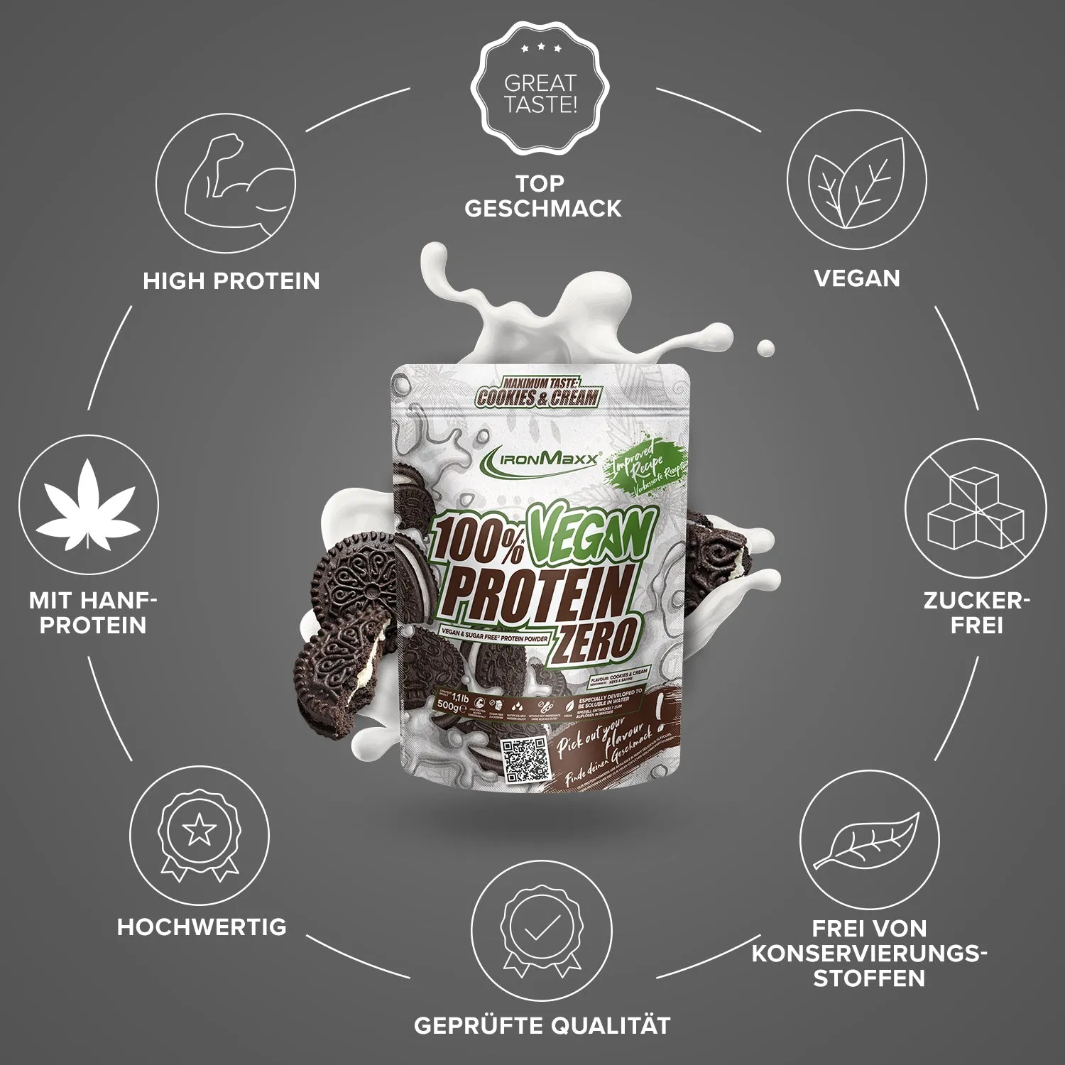 IronMaxx Vegan Protein Zero Pulver 500 g Cookies & Cream zuckerfrei