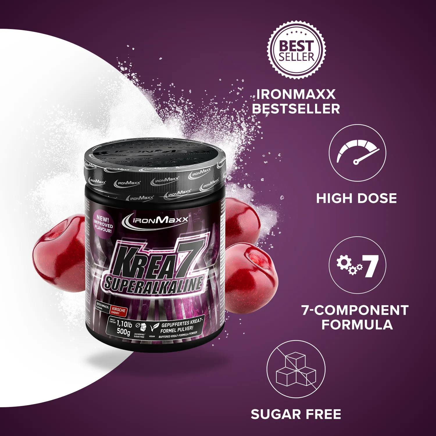 IronMaxx Krea7 Superalkaline Kreatin Kirsche 500g vegan