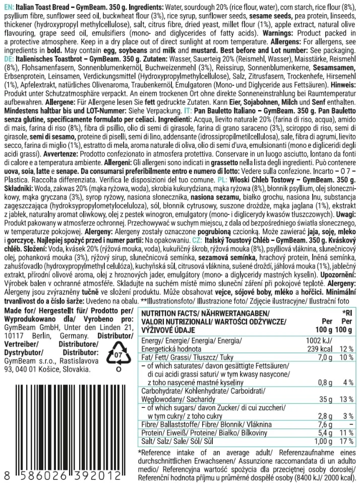 GymBeam Italienisches Toastbrot glutenfrei 350 g ballaststoffreich