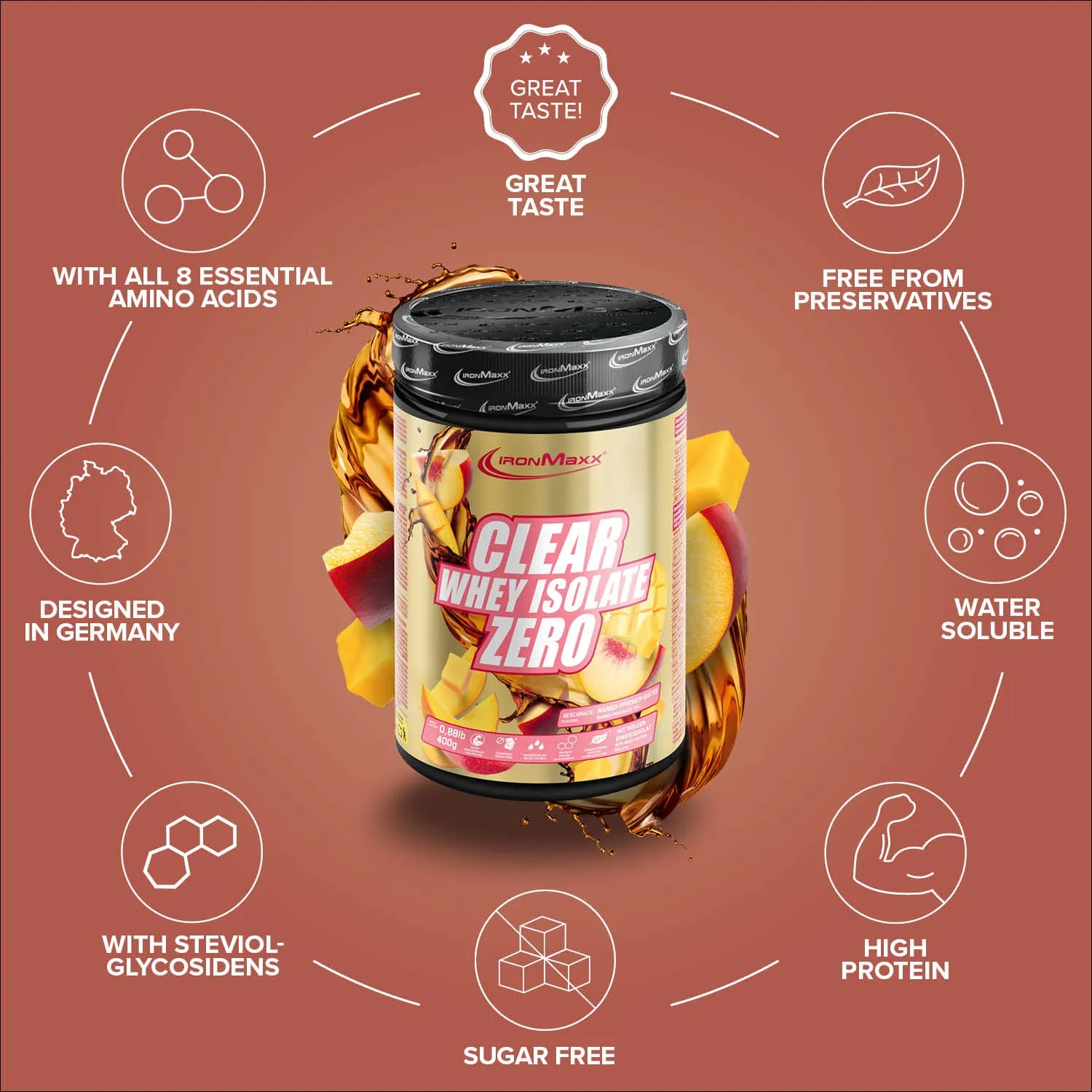 IronMaxx Clear Whey Isolate Zero Mango Peach Ice Tea Proteinpulver 400g