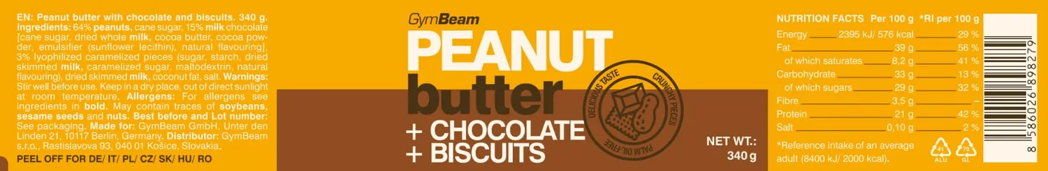GymBeam Erdnussbutter mit Schokolade Biscuits Aufstrich 340 g glutenfrei