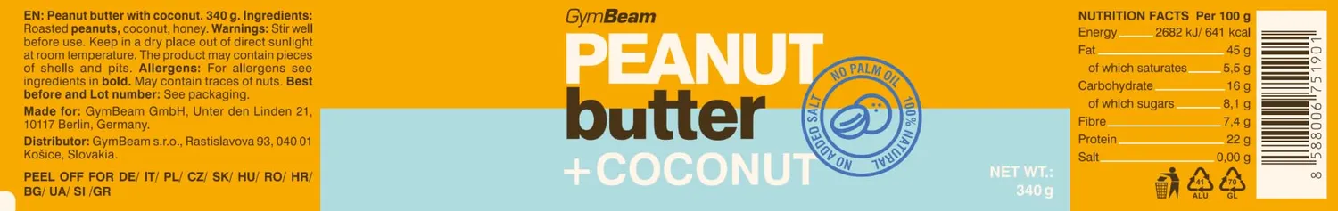 GymBeam Erdnussbutter Kokosnuss 350g cremig ohne Palmöl