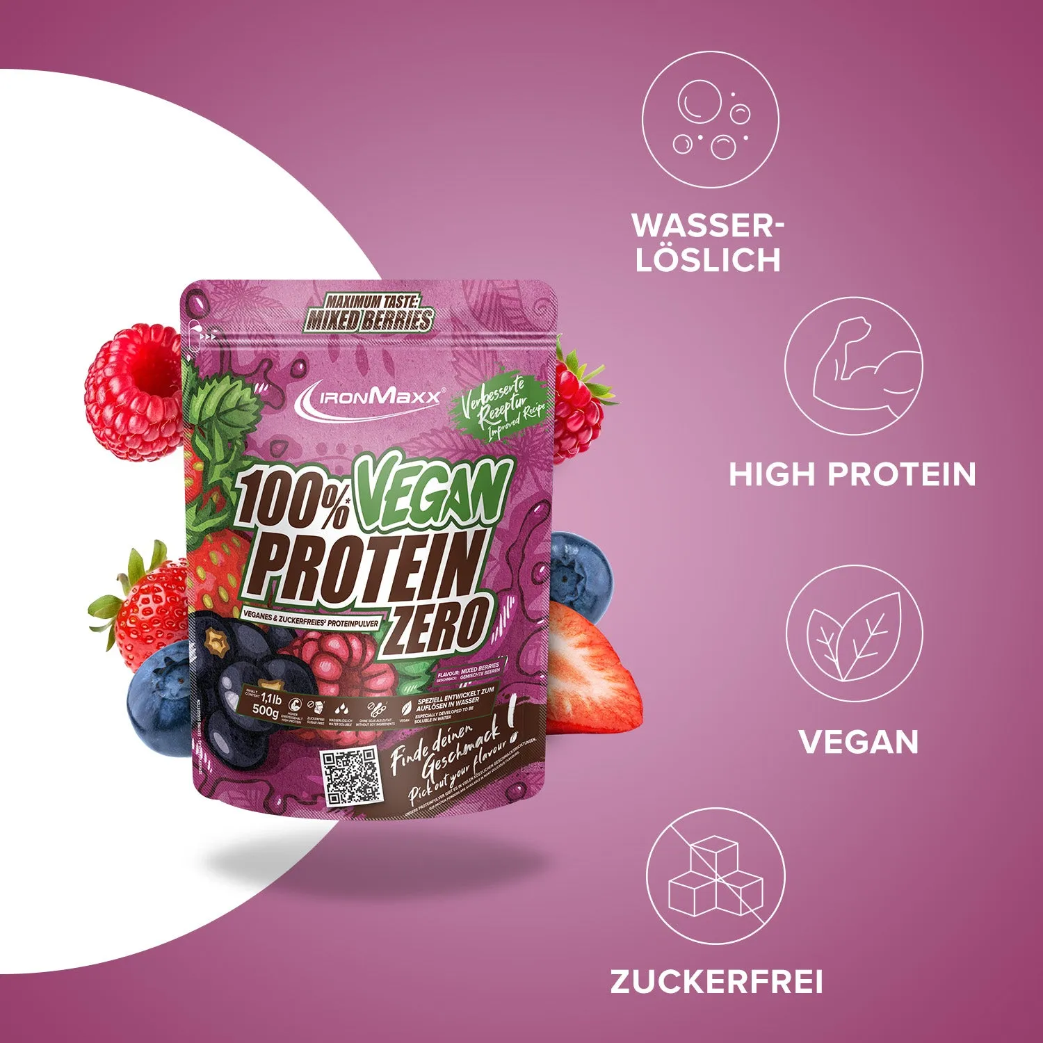 IronMaxx 100% Vegan Protein Zero Pulver Mixed Berries 500g zuckerfrei