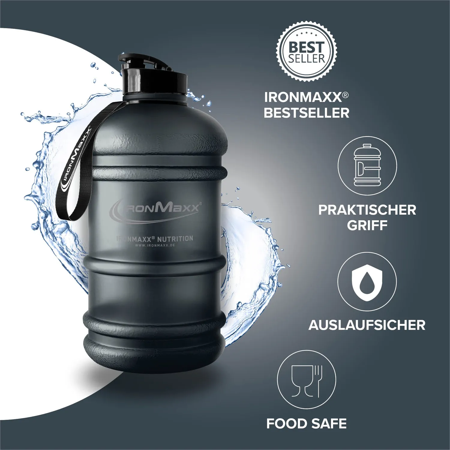IronMaxx Water Gallon Trinkflasche 2200ml Frosted Black