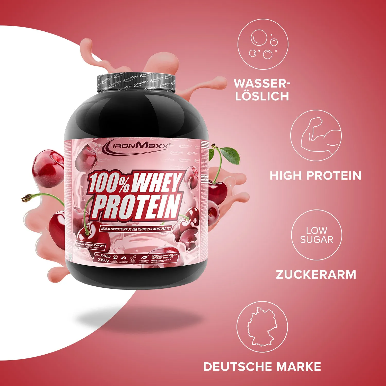 IronMaxx 100% Whey Proteinpulver 2350g Kirsche-Yoghurt zuckerfrei