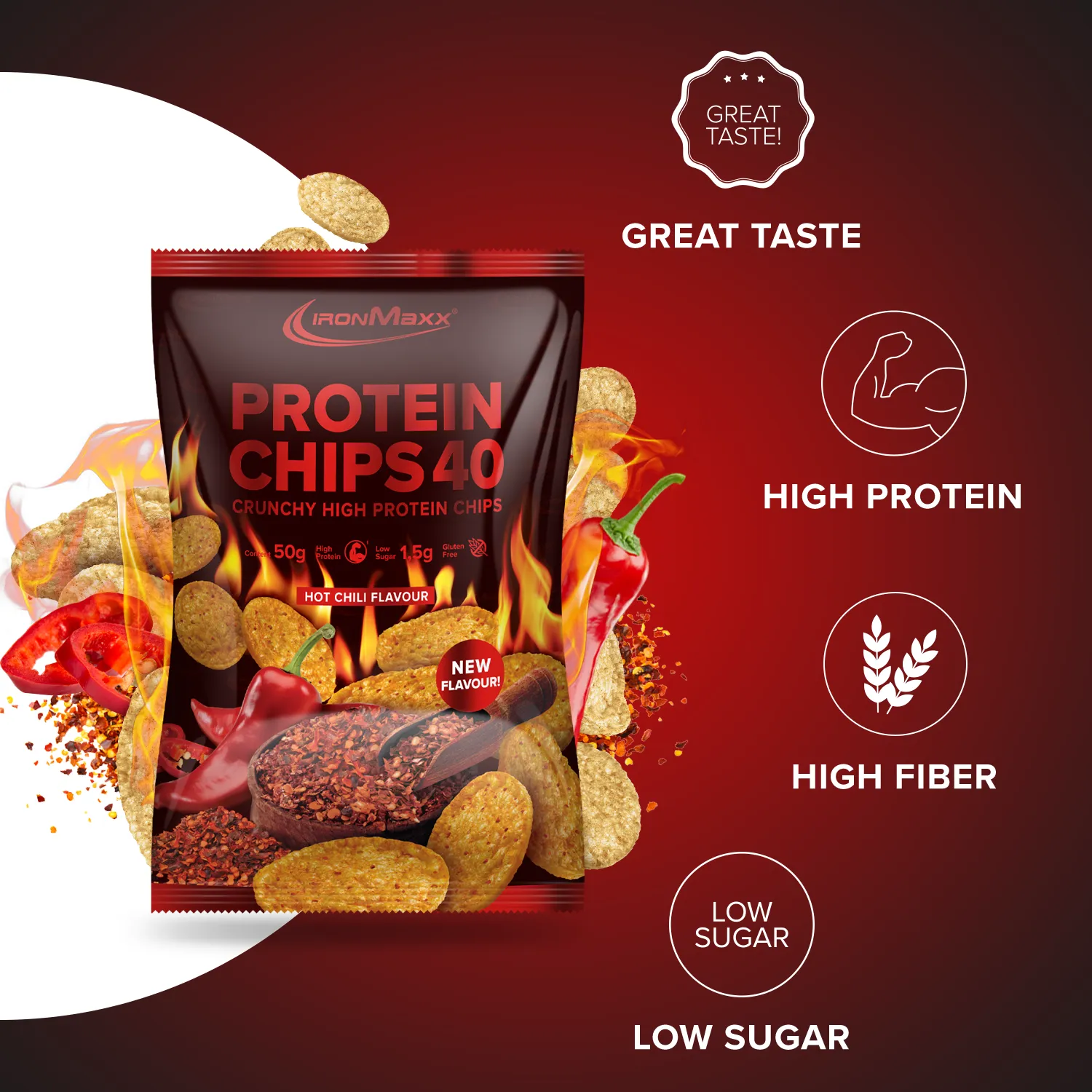 IronMaxx Protein Chips 40 Chips Hot Chili 50g proteinreich