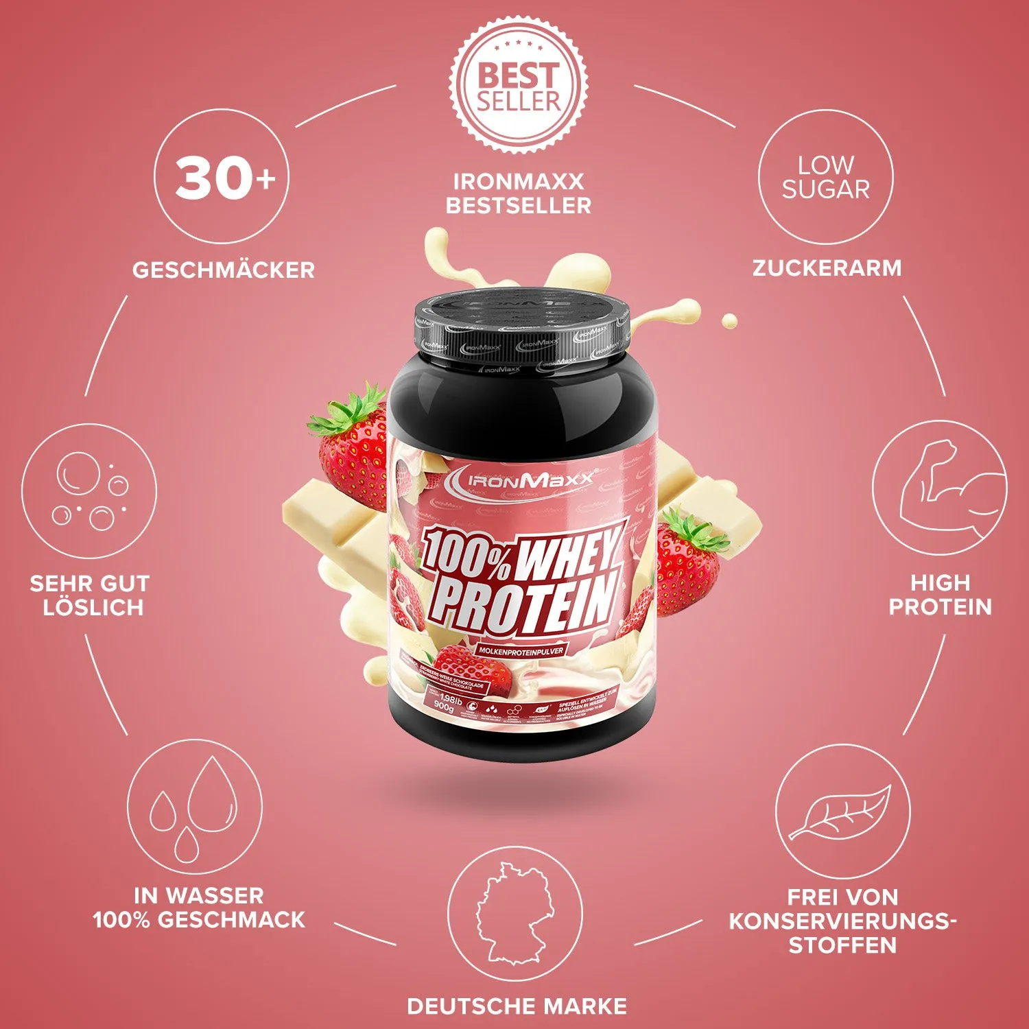 IronMaxx 100% Whey Protein Pulver Weiße Schokolade Erdbeere 900g