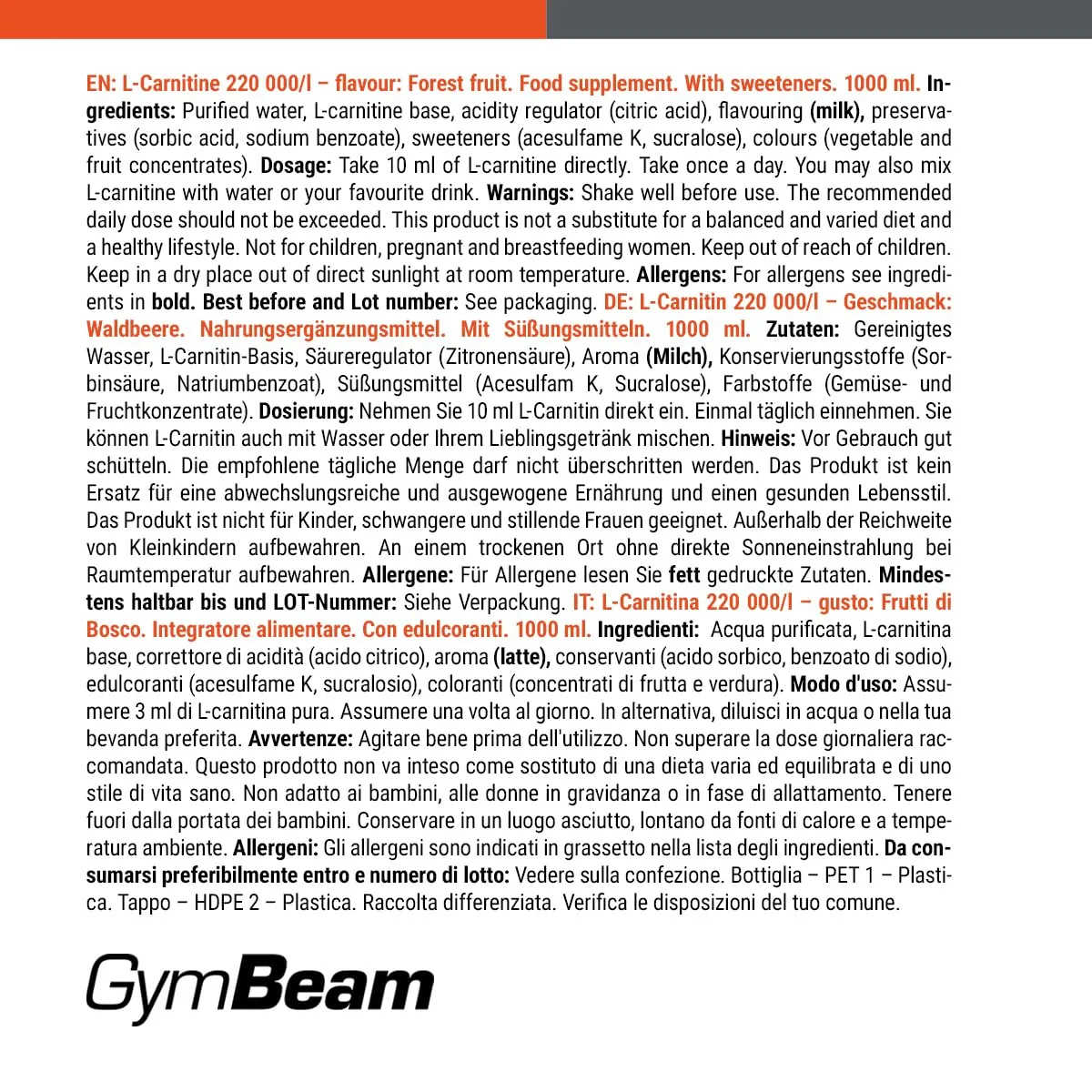 GymBeam L-Carnitin Liquid Forest Fruit 1000ml