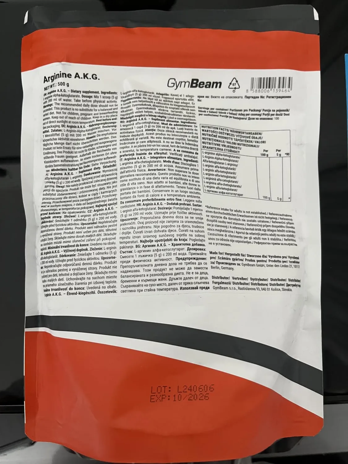 GymBeam Arginin A.K.G. Pulver neutral 500 g hochdosiert