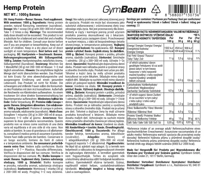 GymBeam Hanfprotein 1000 g Banane vegan