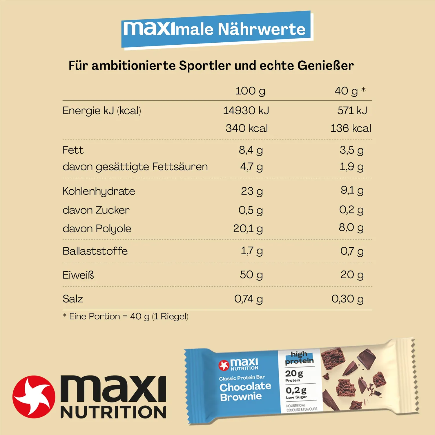 MaxiNutrition Classic Chocolate Brownie Proteinriegel 21x40g Low Sugar