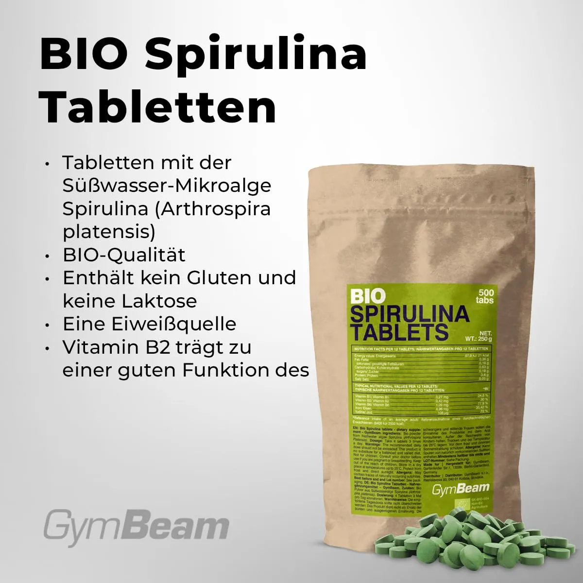 GymBeam BIO Spirulina Tabletten 500 Stück vegan