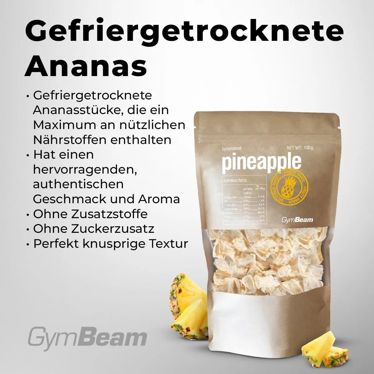 GymBeam gefriergetrocknete Ananas 100g ohne Zucker