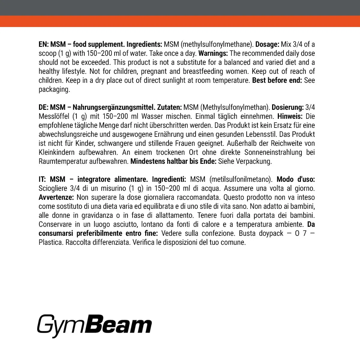 GymBeam MSM Pulver 250 g für Gelenke Kollagen