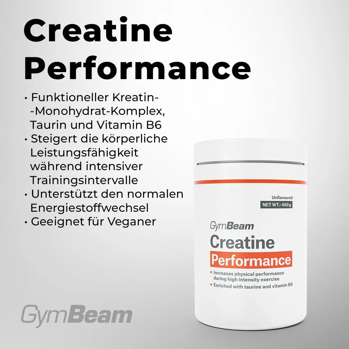 GymBeam Creatine Performance Kreatinpulver 400g neutral mit Taurin