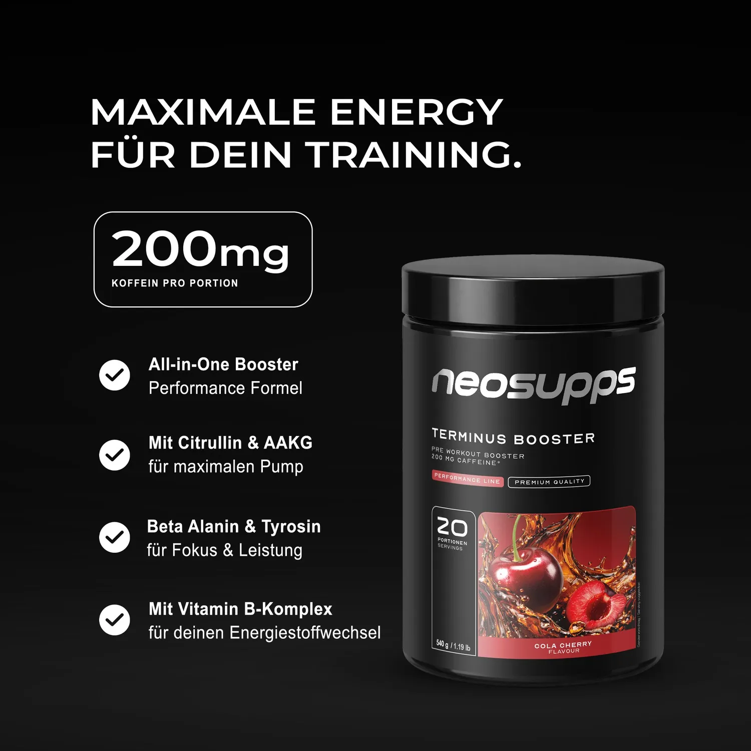 Neosupps Terminus Booster Cola-Cherry 540g mit Koffein