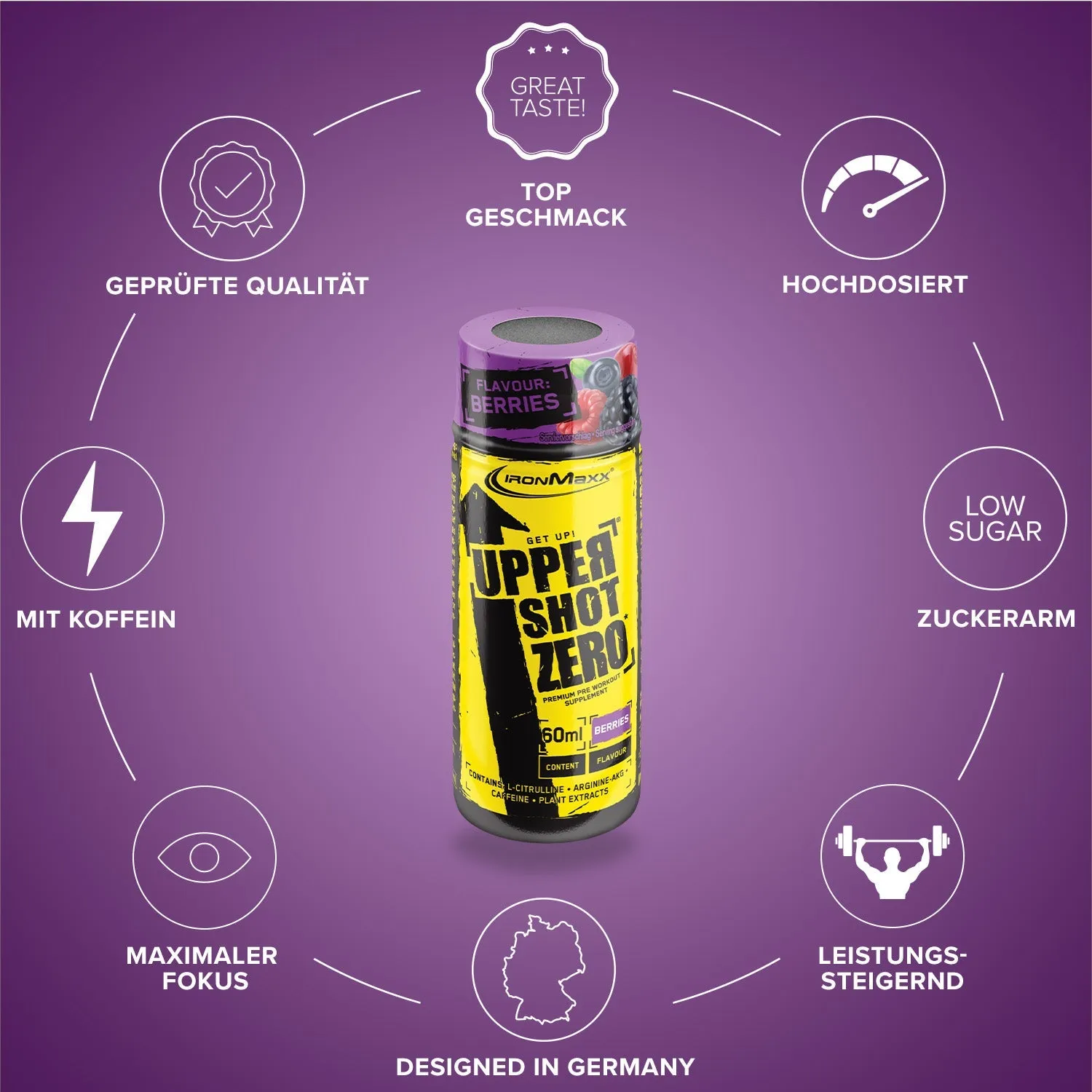 IronMaxx Upper Shot Zero Booster Berries 12x60ml koffeinhaltig