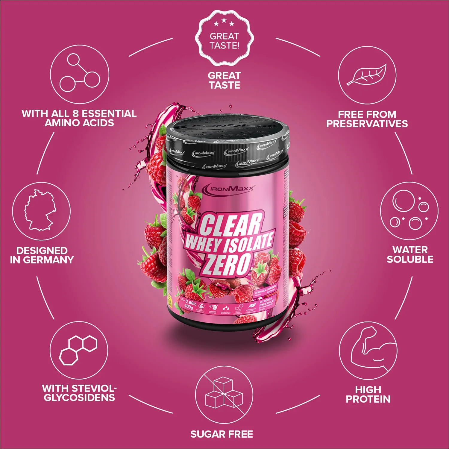 IronMaxx Clear Whey Isolate Zero Proteinpulver Himbeere 400g zuckerfrei