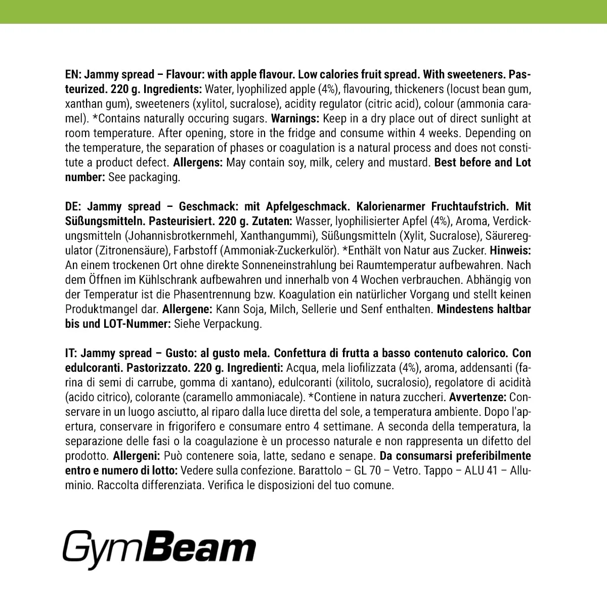 GymBeam Jammy Spread Aufstrich 220 g Apfel zuckerfrei