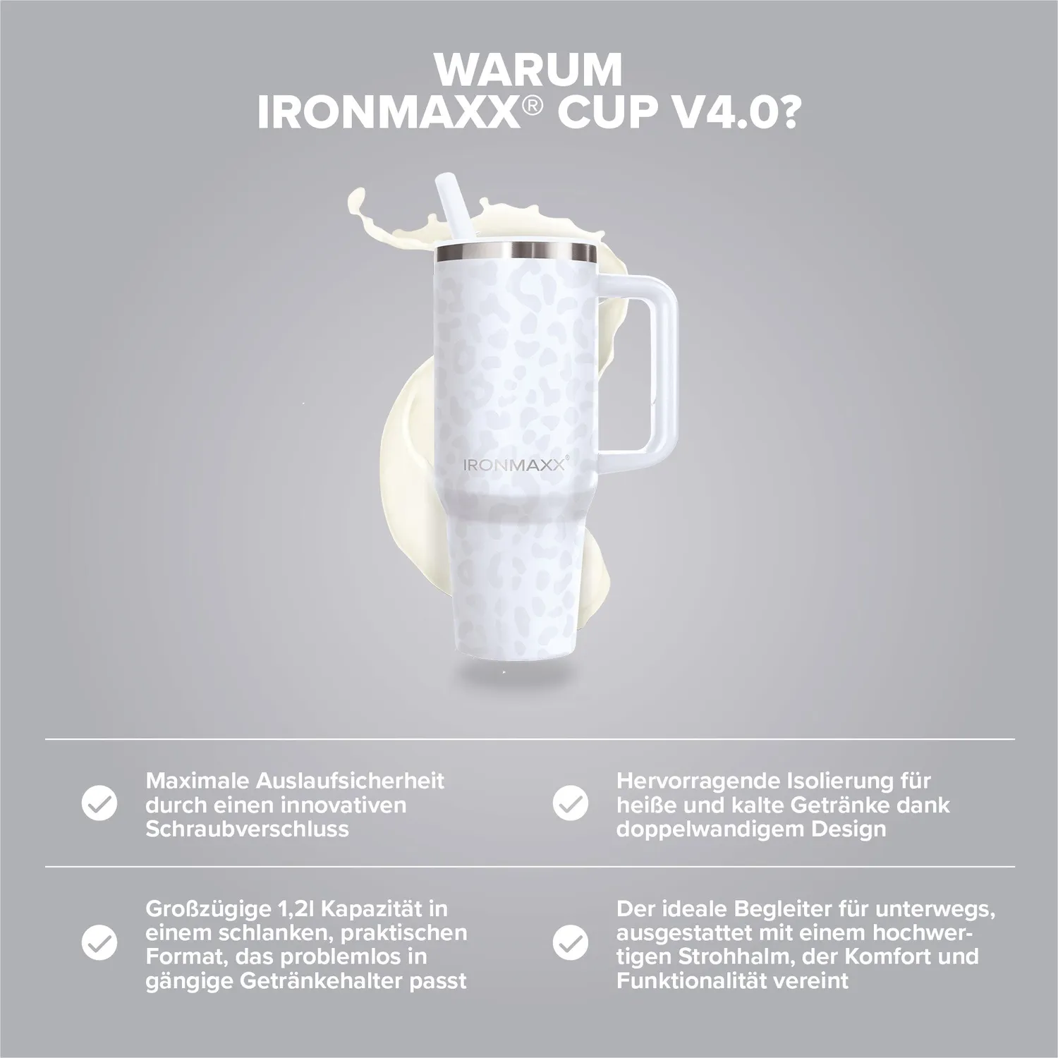 IronMaxx Cup V4.0 Trinkbecher 1200ml Leo-Style White Edelstahl
