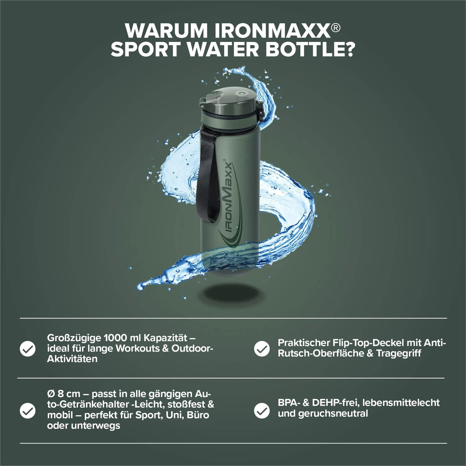 IronMaxx Sport Water Bottle Trinkflasche 1000ml Mineral Green