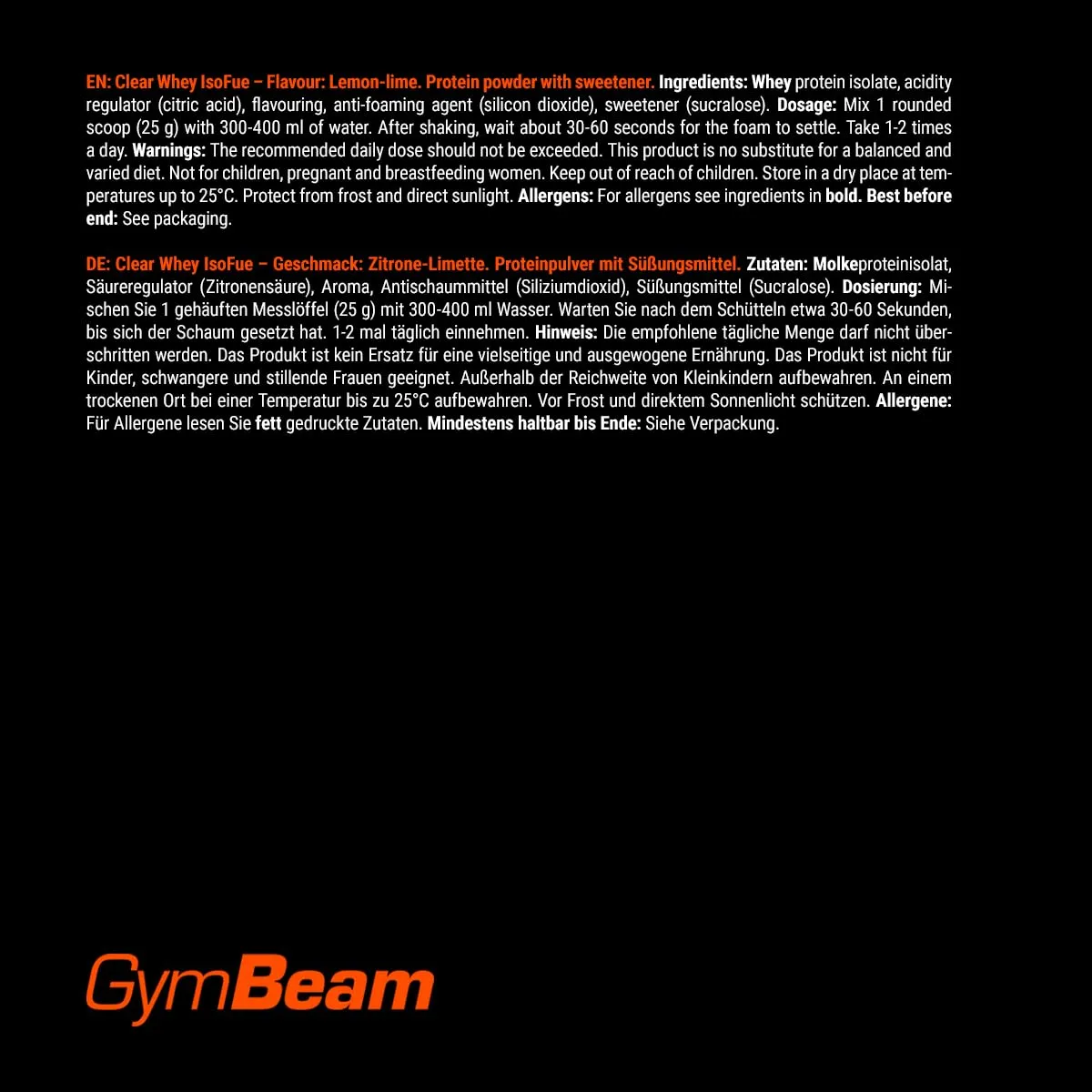 GymBeam IsoFue Clear Whey Proteinpulver Lemon-Lime 1000g zuckerfrei