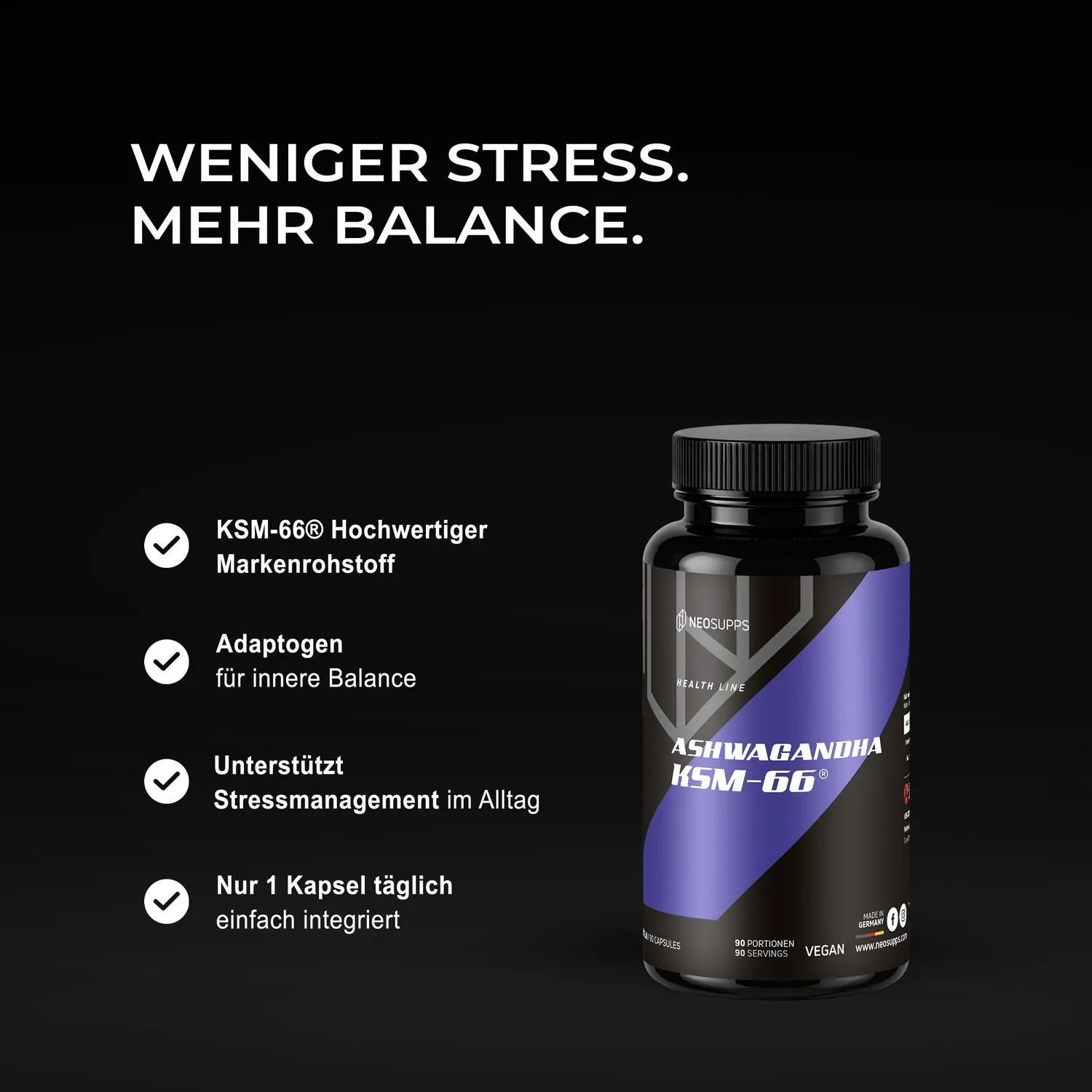 Neosupps Ashwagandha KSM-66 Kapseln 90 Stück Wurzelextrakt