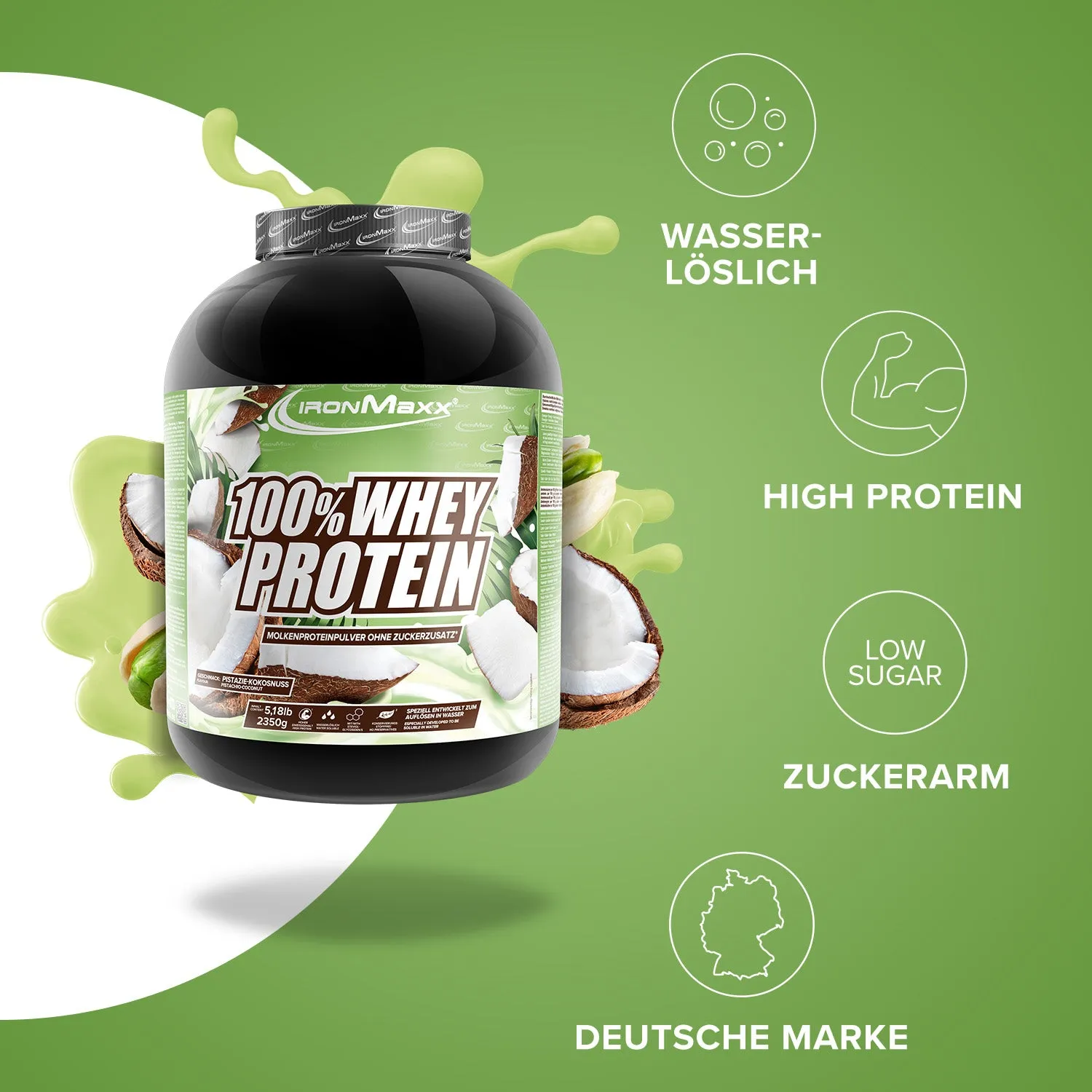 IronMaxx 100% Whey Protein Pulver 2350g Pistazie-Kokos zuckerfrei