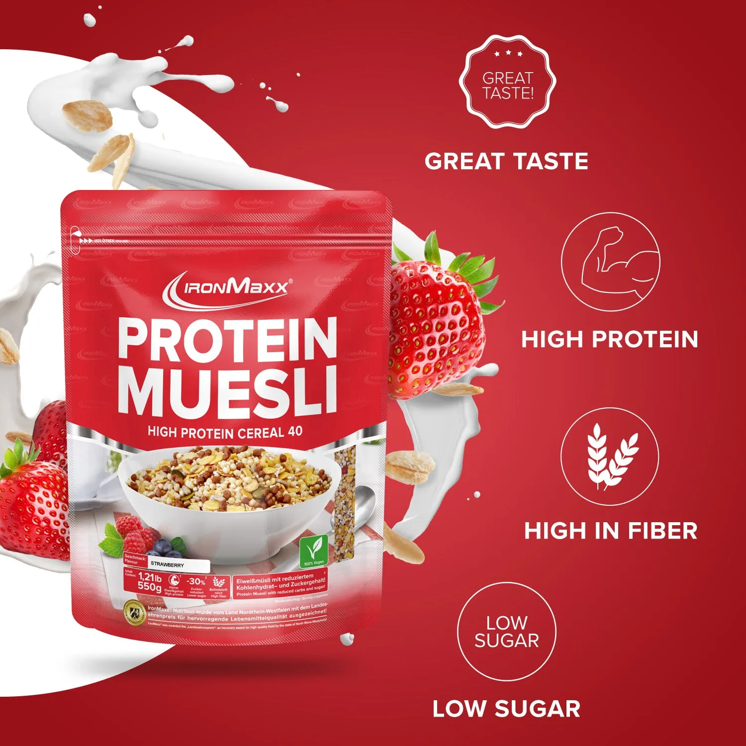 IronMaxx High Protein Müsli Erdbeere 550 g zuckerarm