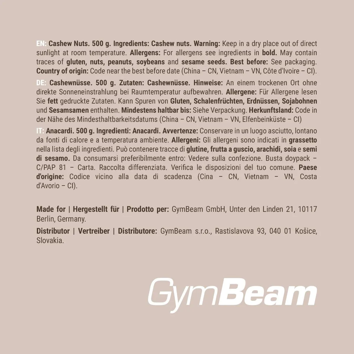 GymBeam Cashewkerne naturbelassen 500 g ungesalzen