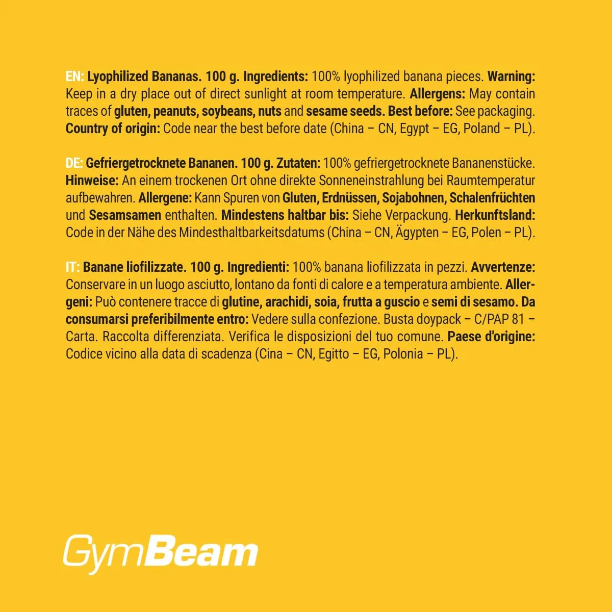 GymBeam gefriergetrocknete Bananen Snack 100g ohne Zuckerzusatz